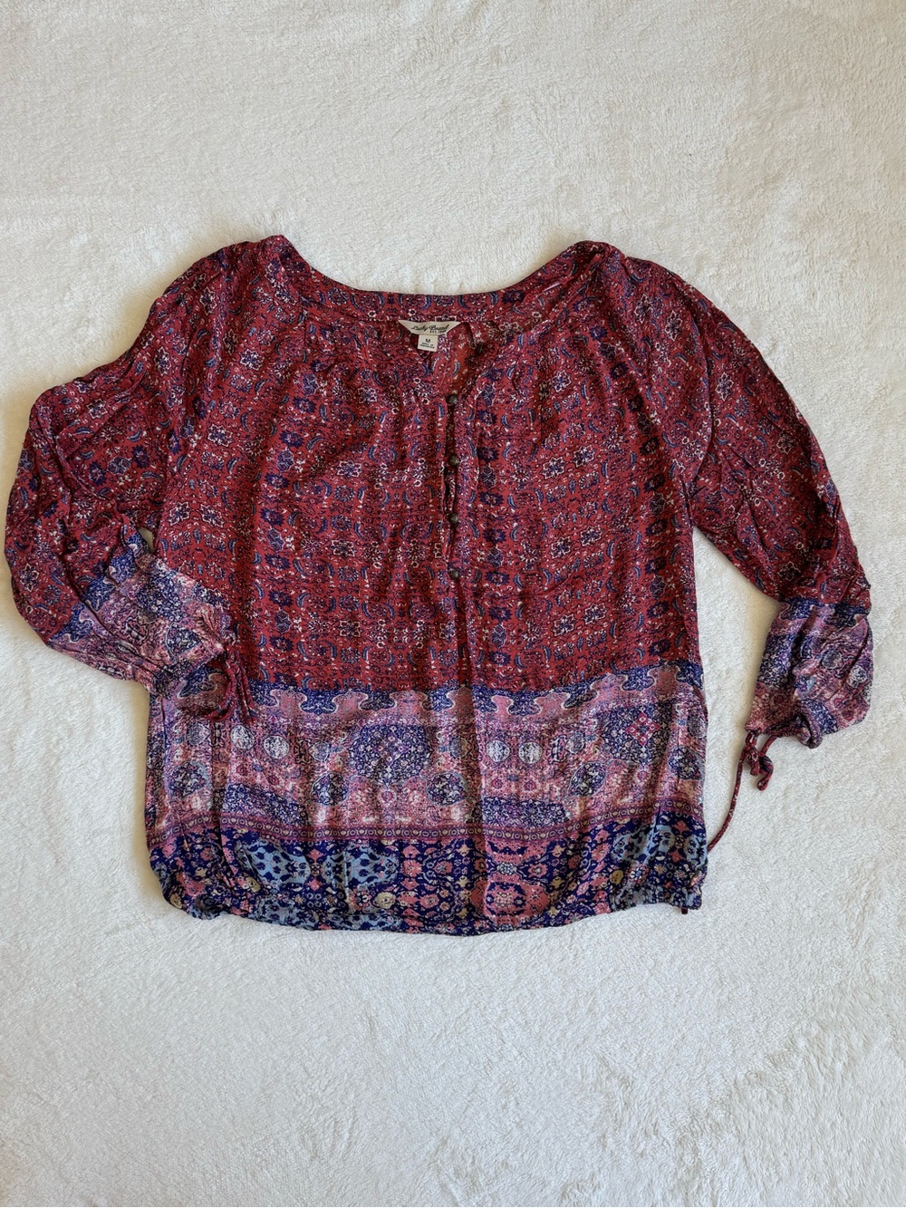 Lucky Brand Paisley Border Print Peasant Blouse Red Blue Boho Long Sleeve M